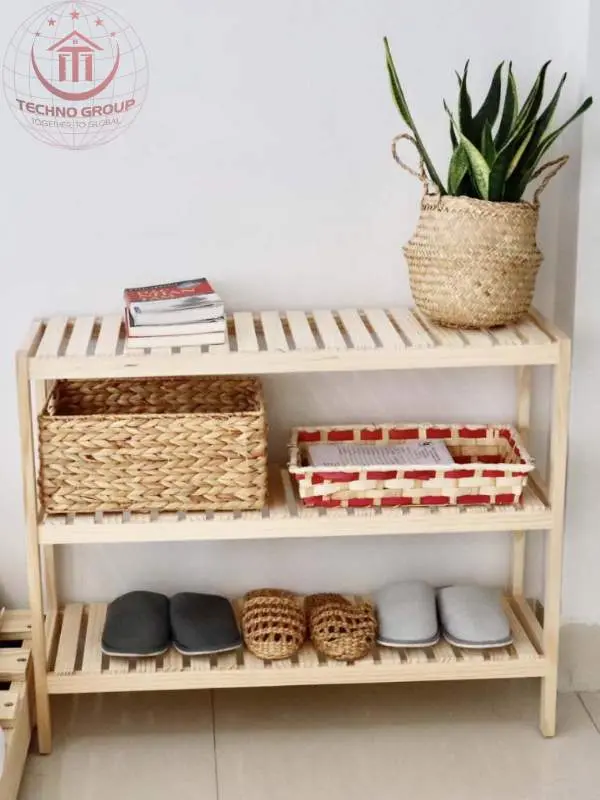 "Sturdy 3-floor shoes rack crafted from quality wood, offering ample storage and organization."