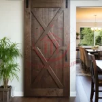 "Custom barn door design features intricate geometric patterns."