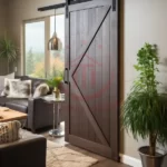 "Barn door with mirror inset maximizes space and reflects natural light."