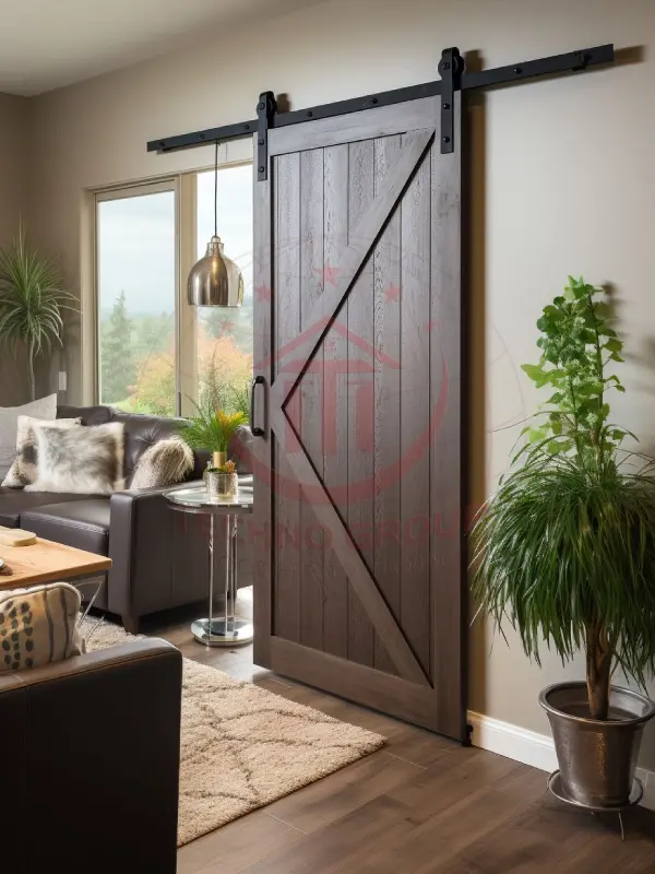 "Barn door with mirror inset maximizes space and reflects natural light."