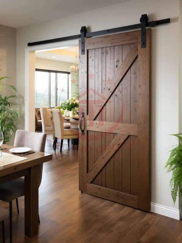 "Rustic barn door in a whitewashed finish adds brightness to the room."