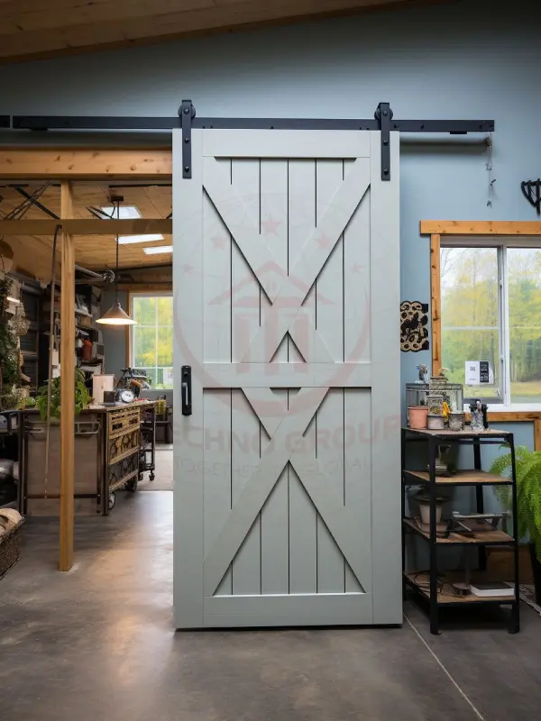 "Barn door with frosted glass panels offers privacy while allowing light to filter through."