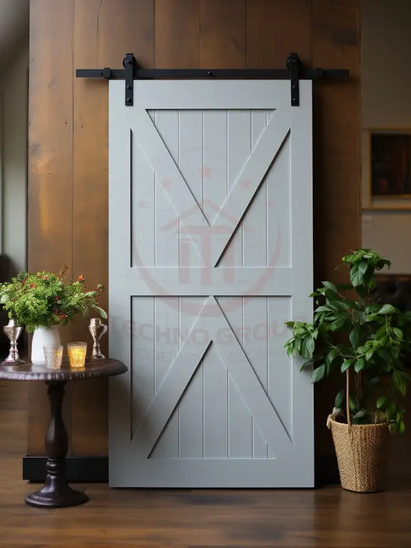 "Traditional barn door hardware accentuates the vintage appeal of this sliding door."