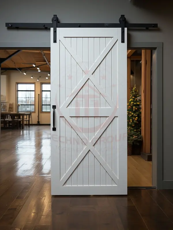 "A pair of barn doors create a stylish partition between the bedroom and the living area."