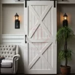 "Rustic barn door adds a touch of farmhouse charm to this modern living space."