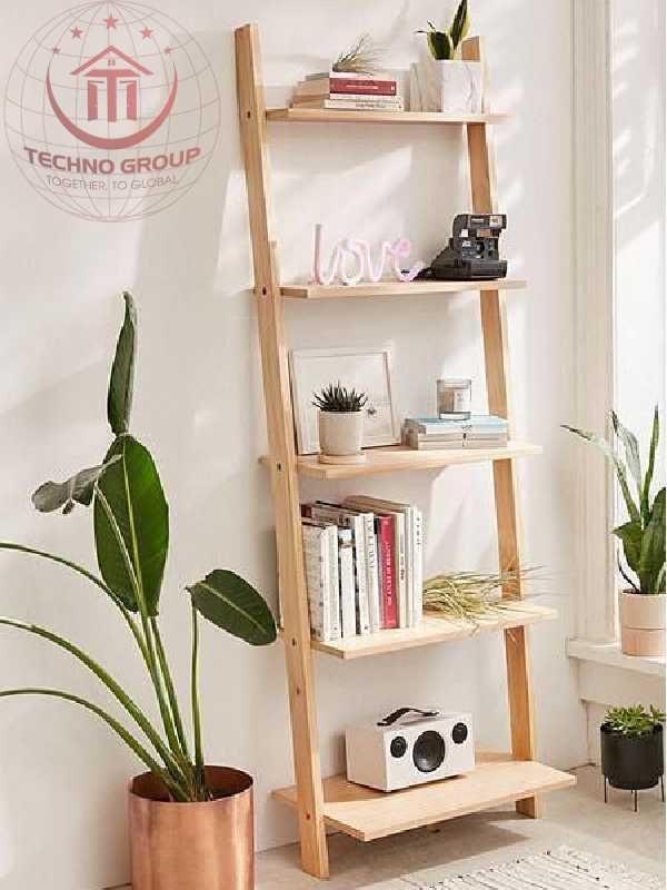 "Innovative stair shelf design provides a unique display and storage option for books, decor, or plants."